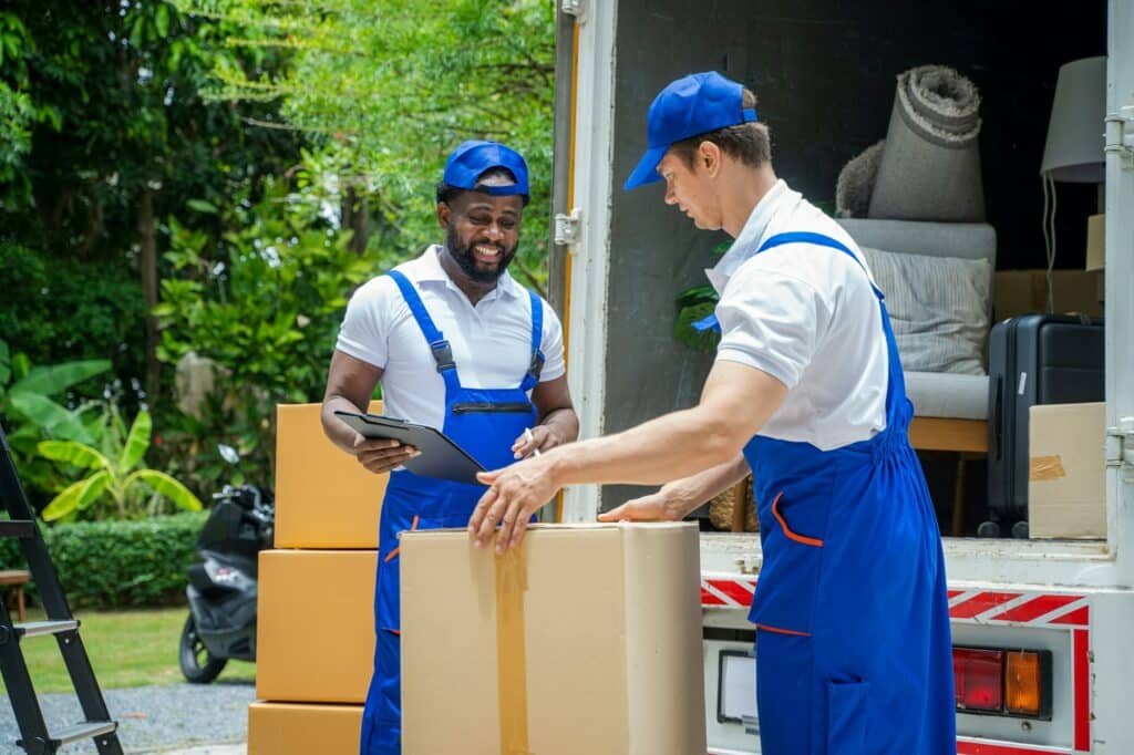 Moving service workers unloading boxes and checking list.