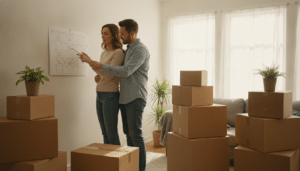 A couple planning their moving date beside stacked cardboard boxes