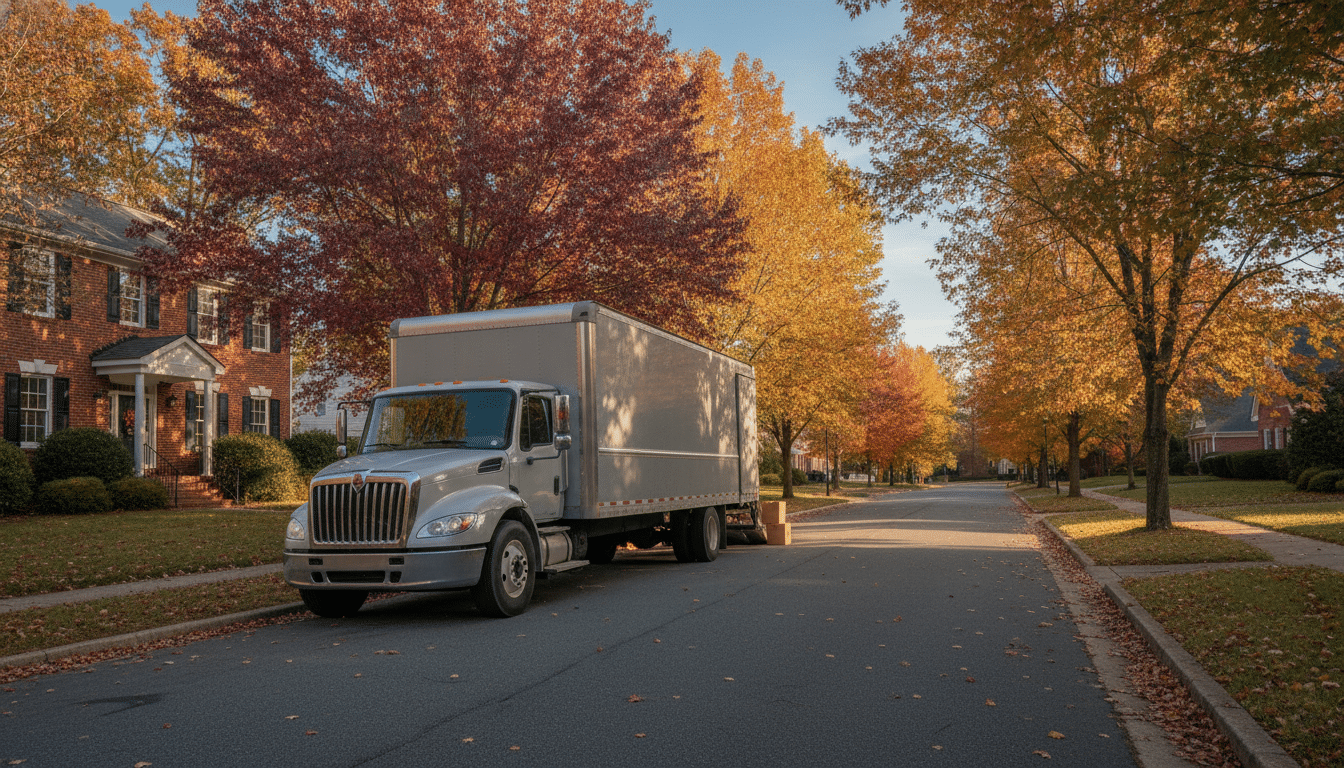 The Best Time of Year for Moving in Northern Virginia 1 Moving truck on a tree-lined Northern Virginia street in autumn