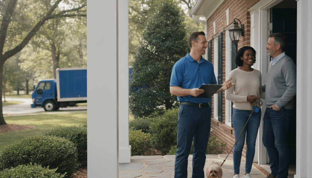 Homeowners talking with a professional mover holding a clipboard at their front door