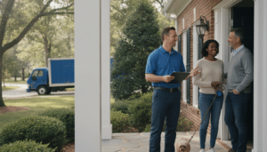Homeowners talking with a professional mover holding a clipboard at their front door