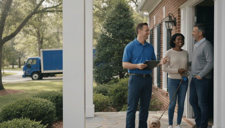 Homeowners talking with a professional mover holding a clipboard at their front door